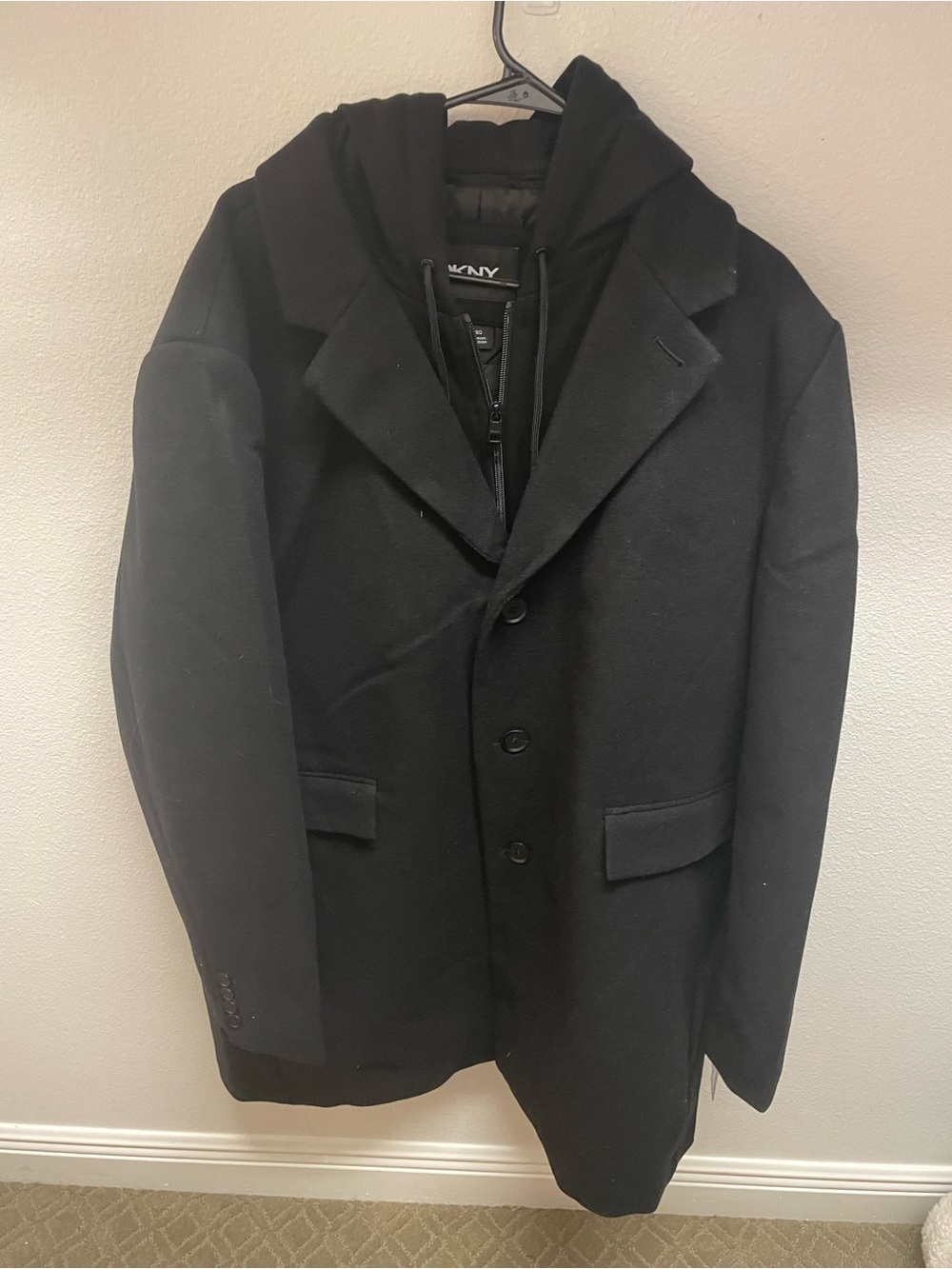 DKNY Wool Blend Peacoat Men XXL Hooded Insert Black New